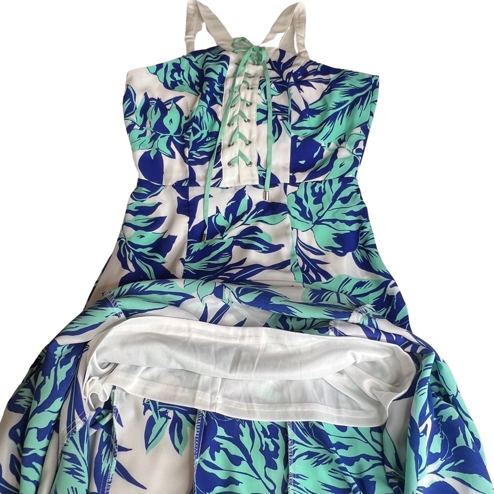 Jealous Tomato Tropical Palm Leaf Lace Up Bodice Dress White Aqua Blue Small S - Picture 15 of 17